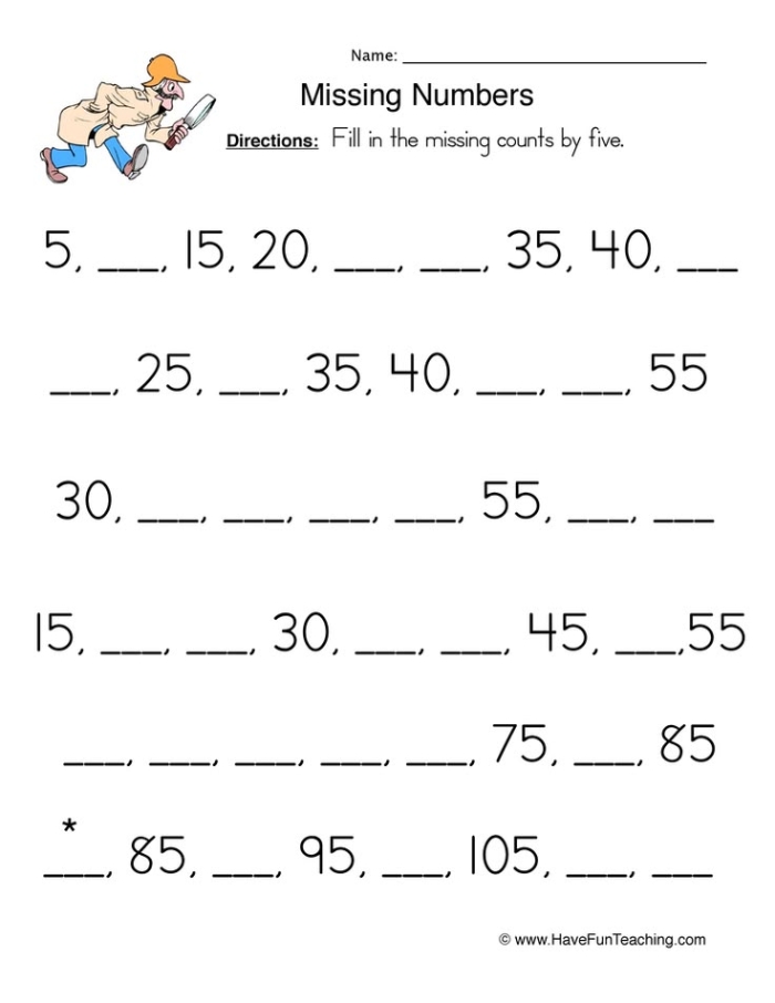 First grade student practicing counting by fives with missing numbers fill-in-the-blank math worksheet