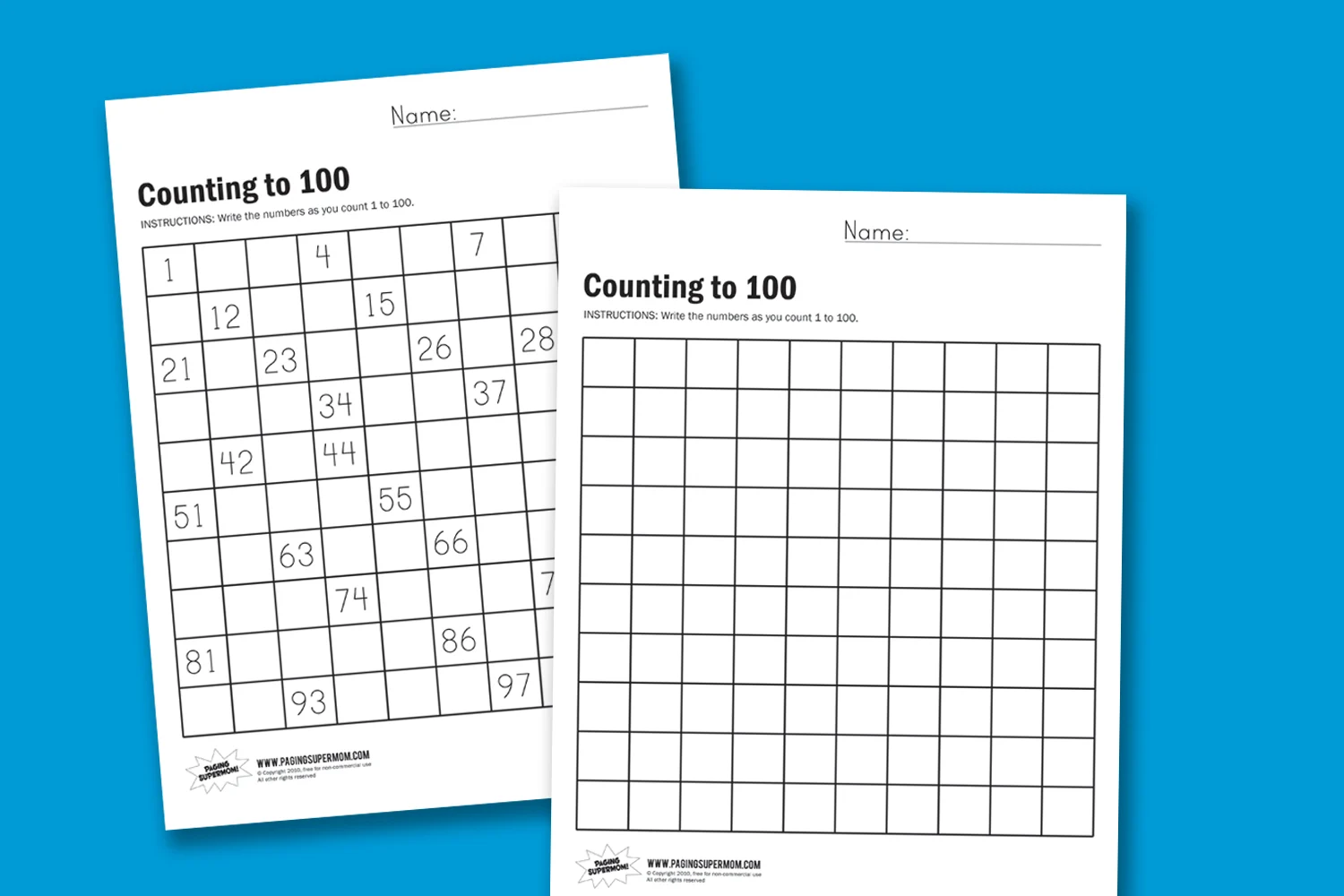 Printable number chart worksheet helping young learners count from 1 to 100 First grade student completing a counting to 100 number chart worksheet for math practice
