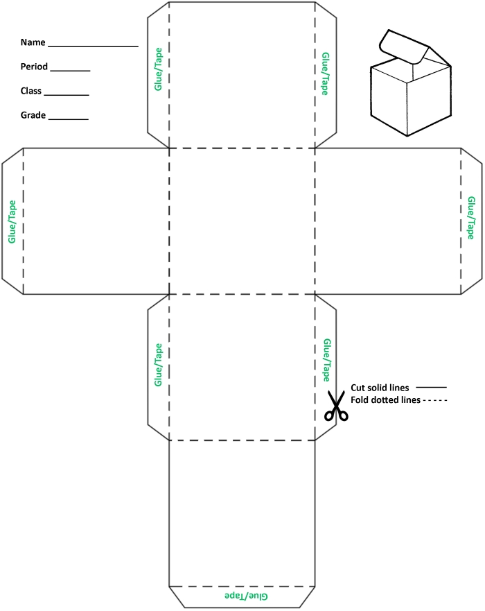 A printable cube cut-out template showing a flattened pattern with six connected squares for second graders to fold into a 3-D shape