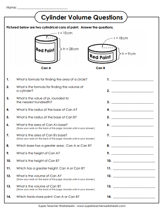 Finding the Volume of Cylinders Worksheet 24 Eighth grade geometry worksheet featuring various cylinder shapes to practice volume calculations