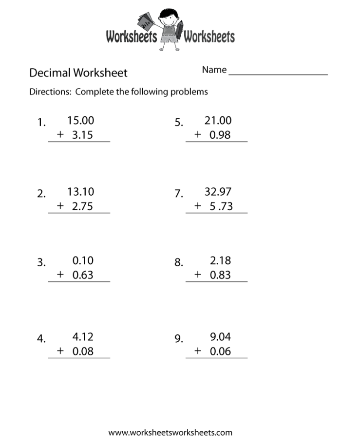 Fourth grade math worksheet for practicing addition of decimals to the hundredths place
