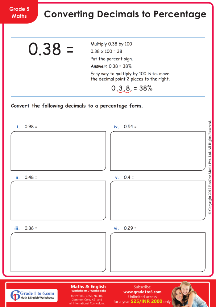 Converting Decimals to Percents Practice Sheet 18 Fourth grade math worksheet showing decimal to percent conversion problems with practice exercises for students learning number conversions