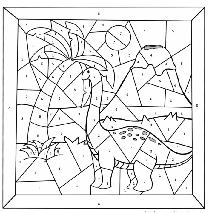 Dinosaur Color by Number Activity for Early Learners A kindergarten student coloring a dinosaur picture with numbered sections in different colors