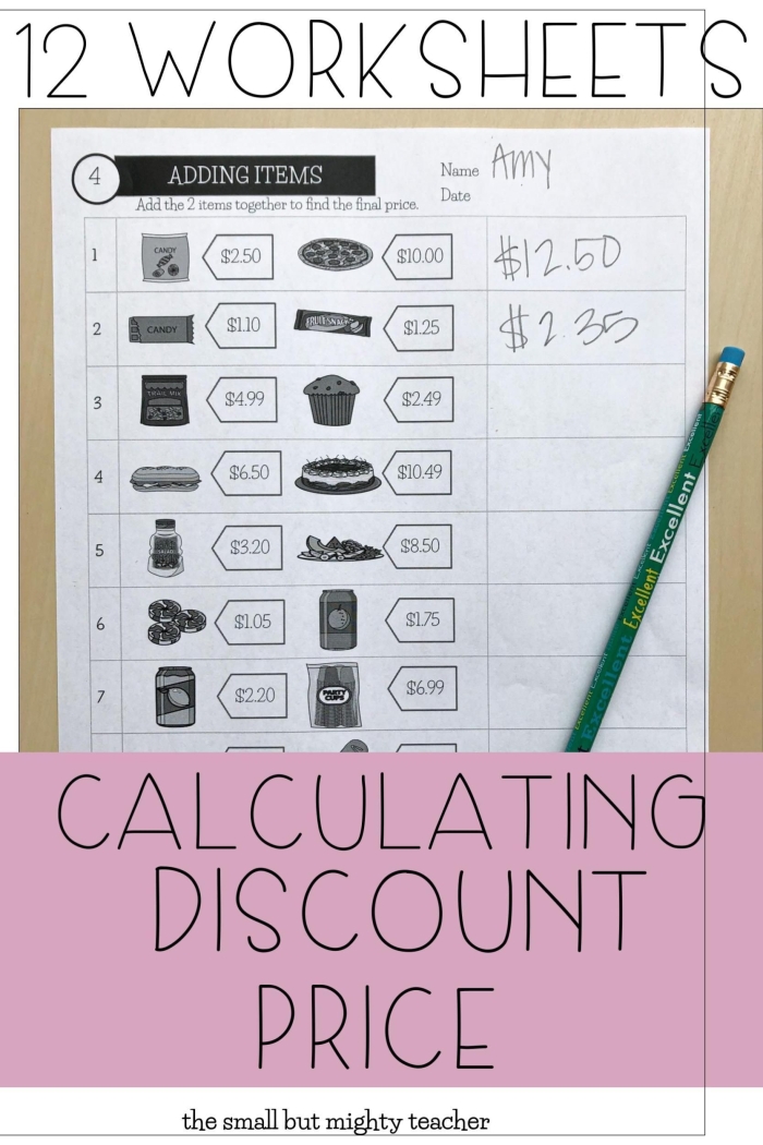 Sixth grade student working through discount calculation problems using percentages and decimals on a math worksheet