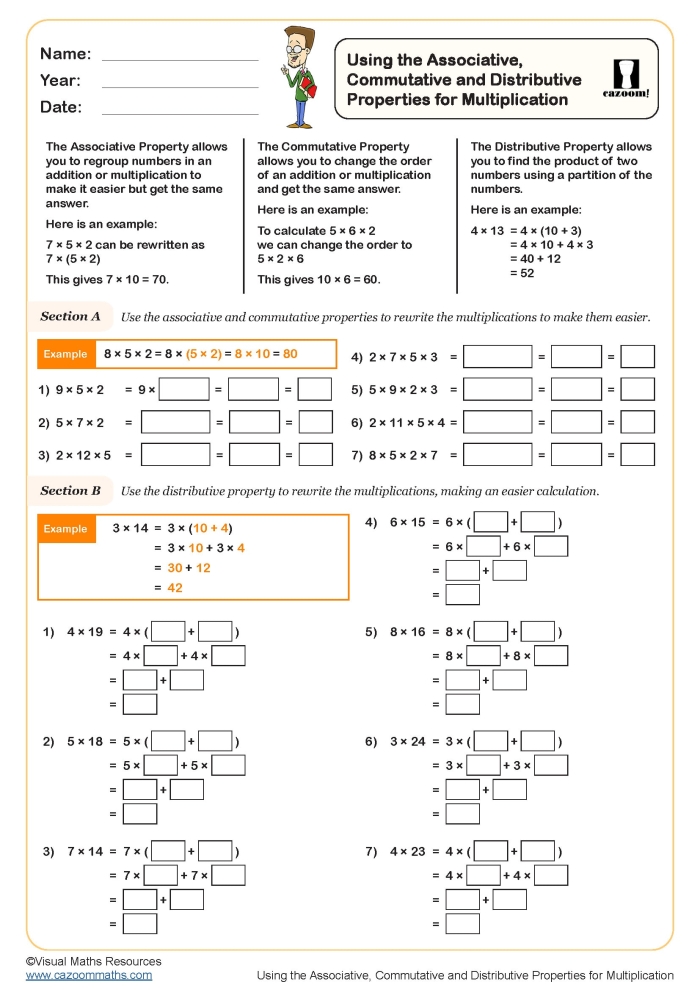Third grade math worksheet showing distributive property of multiplication practice problems with visual arrays and equations