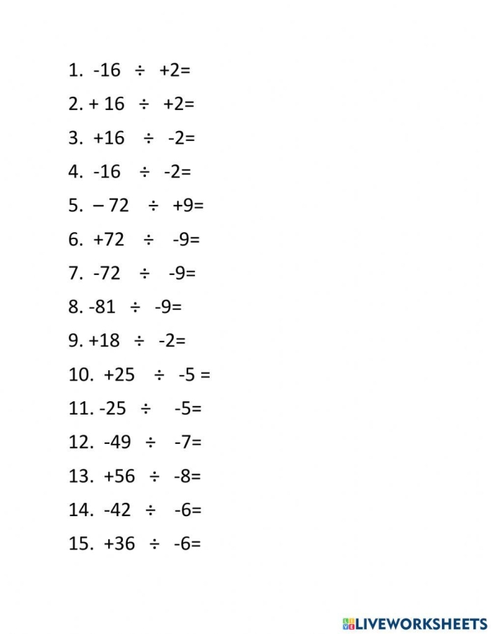 Dividing Integers Practice Problems for Middle School Students Seventh grade math worksheet showing division problems with positive and negative integers for practice