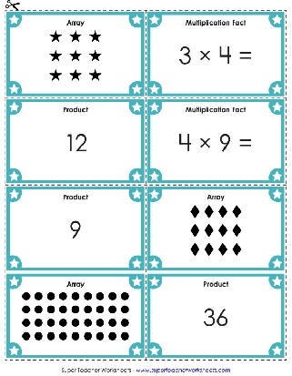 Third grade division arrays worksheet showing practice problems with visual representations for learning division concepts through array models