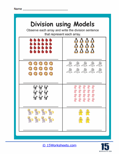Third grade student worksheet with grid boxes to draw arrays for division problems