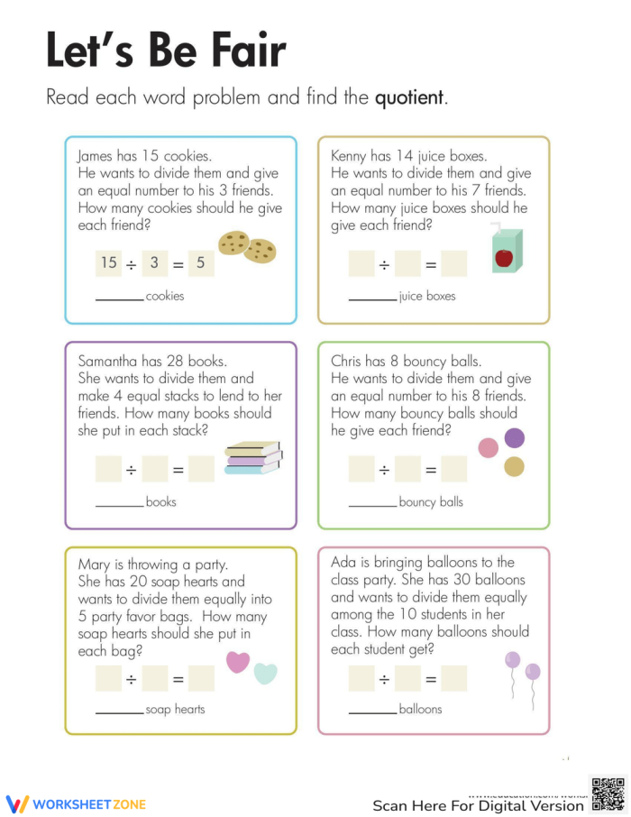 Third grade math worksheet featuring division word problems where students share items fairly among friends