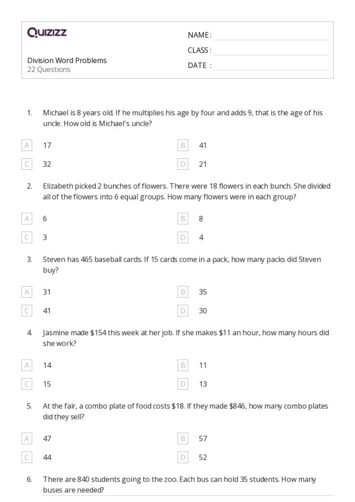 Fifth grade division word problems worksheet showing step by step math practice