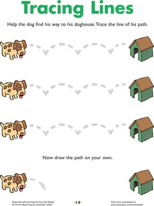 A preschool worksheet showing a cute dog with rounded dotted lines for children to trace with a pencil