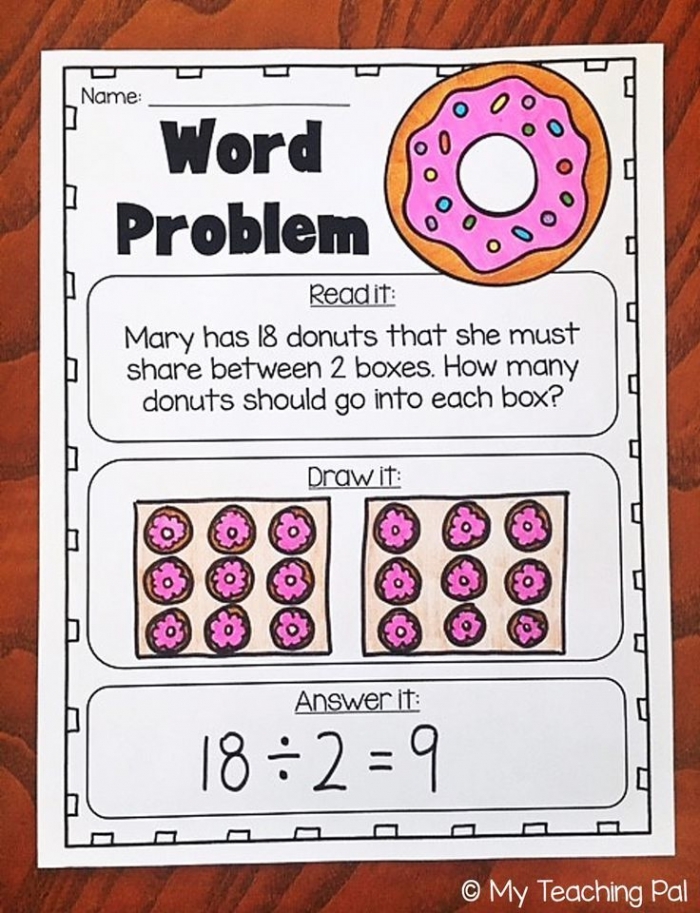 Third grade math worksheet featuring donut division problems for students