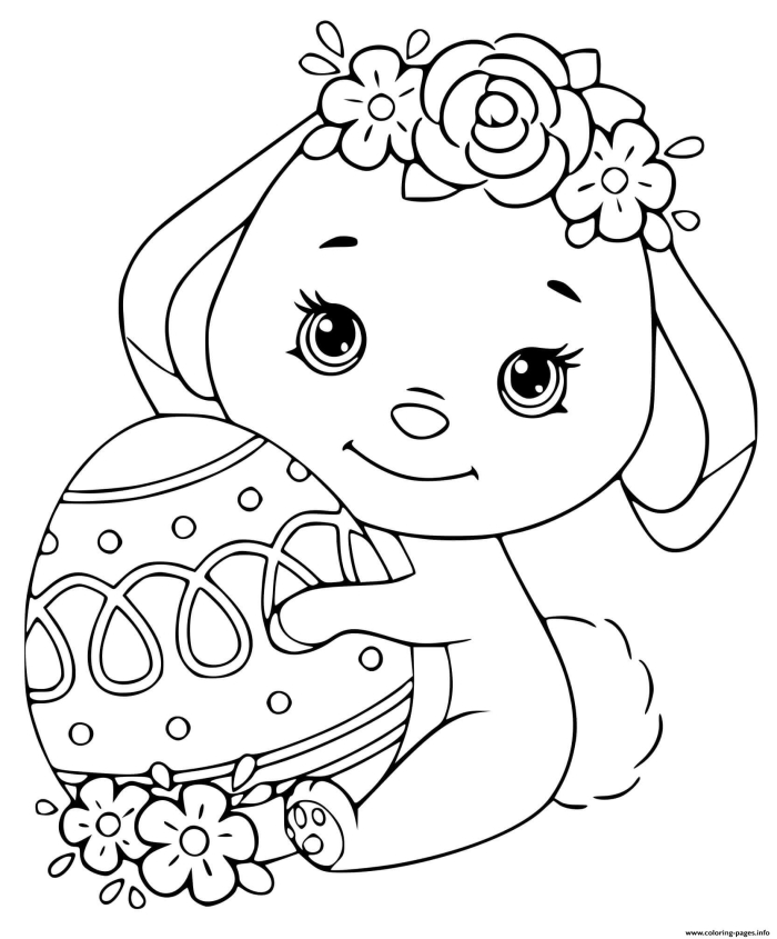 Cute Easter Bunny peeking behind a decorated egg coloring worksheet for kindergarten students