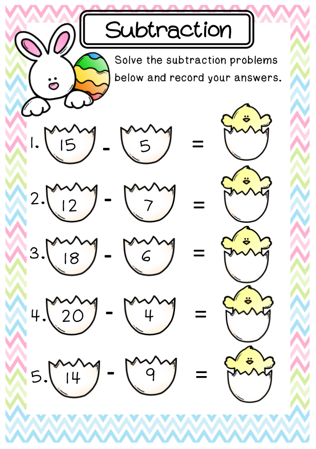 Easter Subtraction Drill Sheet 12 for Beginning Mathematicians Colorful Easter-themed subtraction practice worksheet for kindergarten students with bunny and egg illustrations