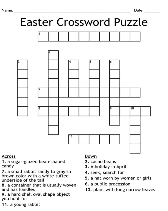 Colorful Easter-themed crossword puzzle with simple words for first grade students to complete and practice handwriting skills
