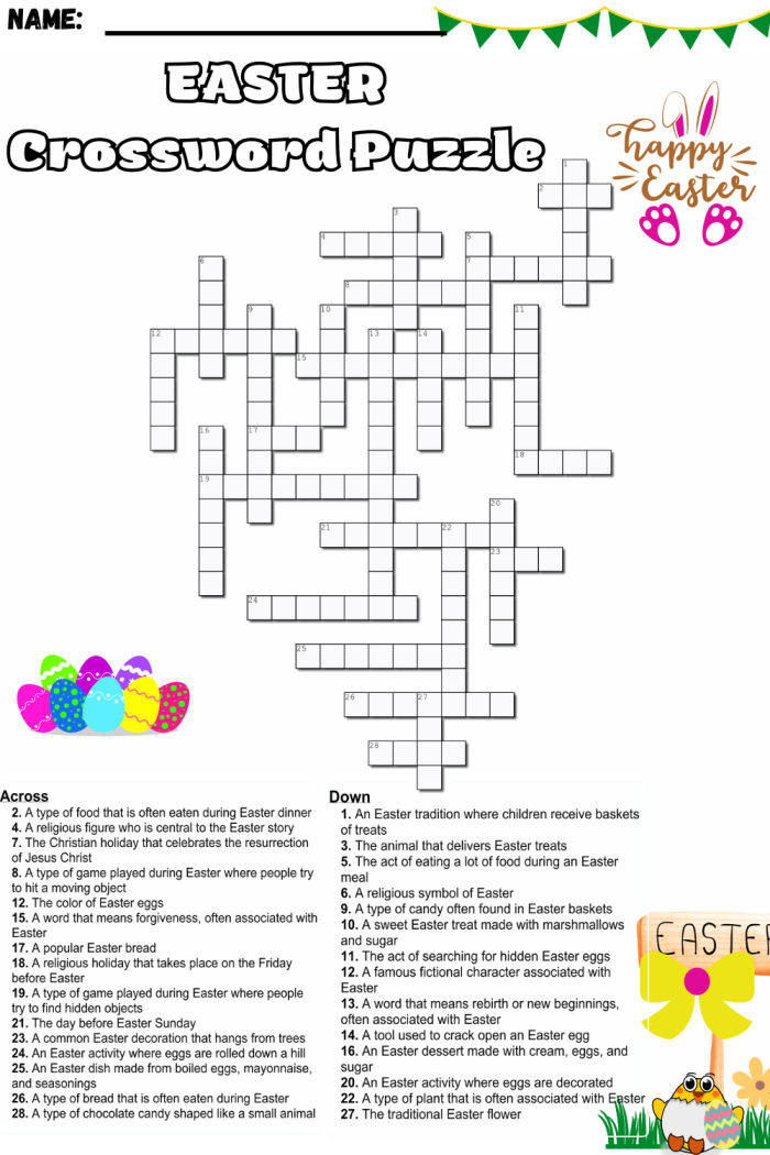 Easter Crossword puzzle worksheet for second grade geometry students with spring holiday themed clues