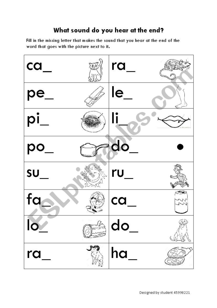 End Sounds Worksheet 1 for Preschoolers Pre-K worksheet helping children identify end sounds of images to build spelling foundations