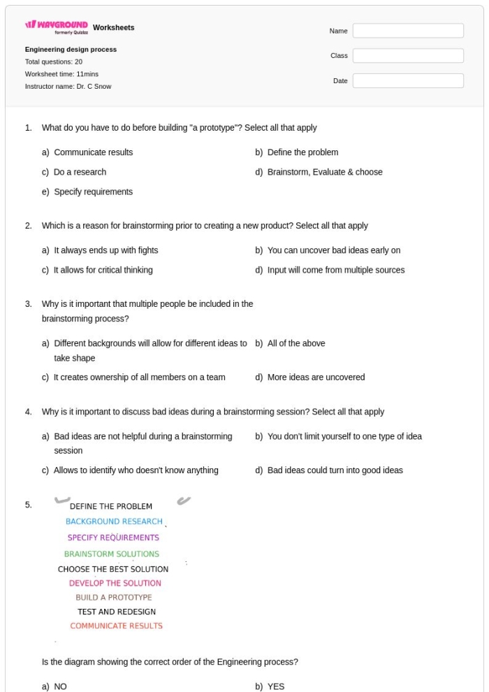 Engineering Design Process Part 1 Define the Problem Worksheet 19 Graphic organizer worksheet for sixth grade students learning the first step of the Engineering Design Process for problem definition