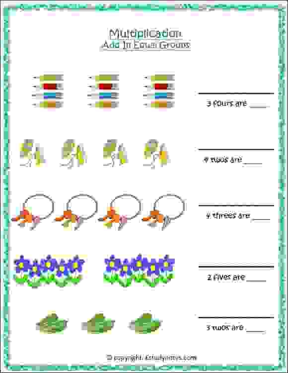 Third grade math worksheet featuring colorful smoothie groups for learning multiplication through addition Equal groups of smoothies showing repeated addition with fruit for third grade multiplication