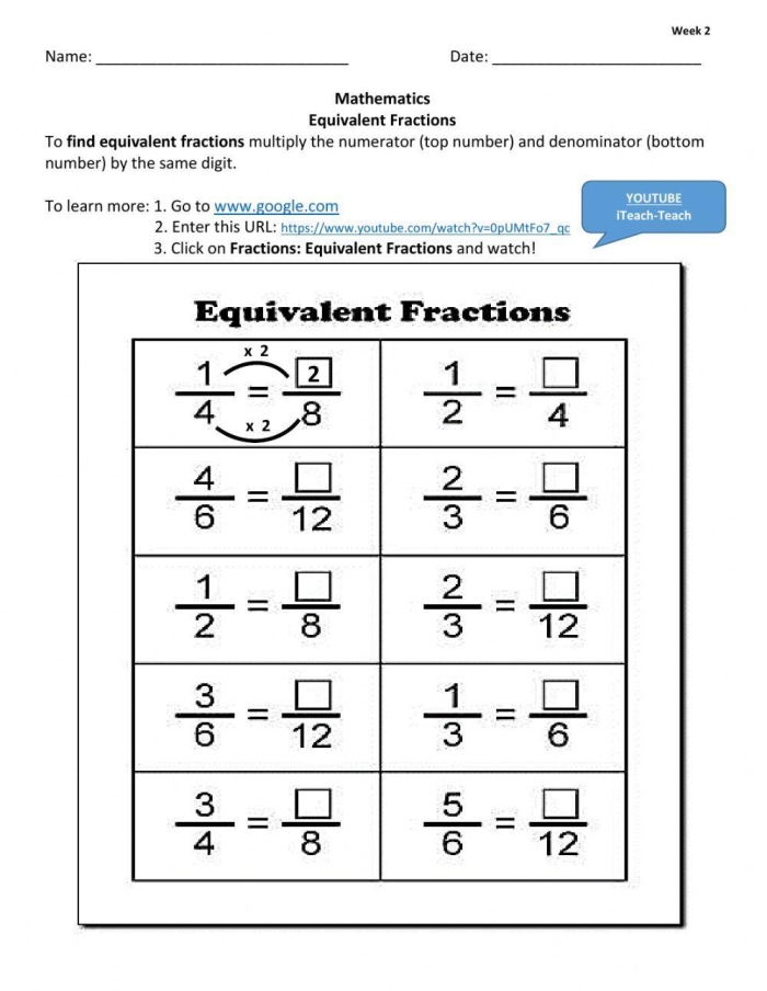 Fourth grade students working on equivalent fractions practice problems with visual fraction models and multiplication examples on a worksheet