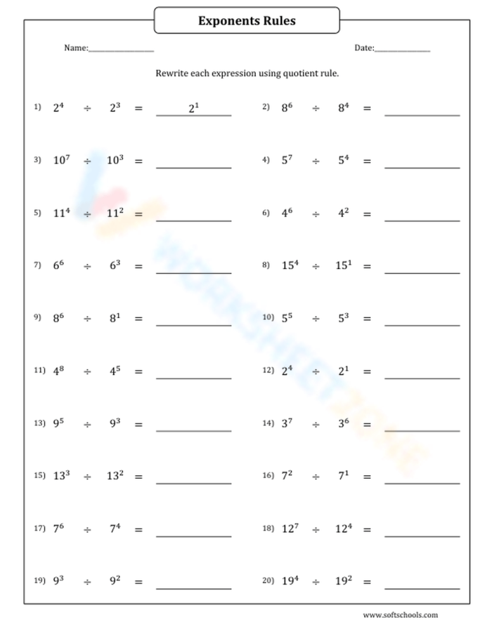 Eighth grade math worksheet showing properties of exponents rules and examples for multiplication