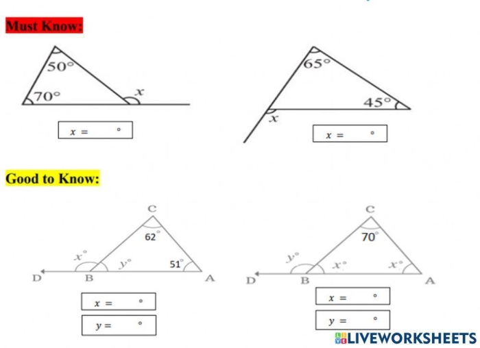 Eighth grade math worksheet focusing on calculating missing exterior angles of triangles