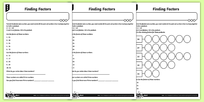 Fourth grade student completing a factors worksheet with multiplication problems and factor pairs listed in rows