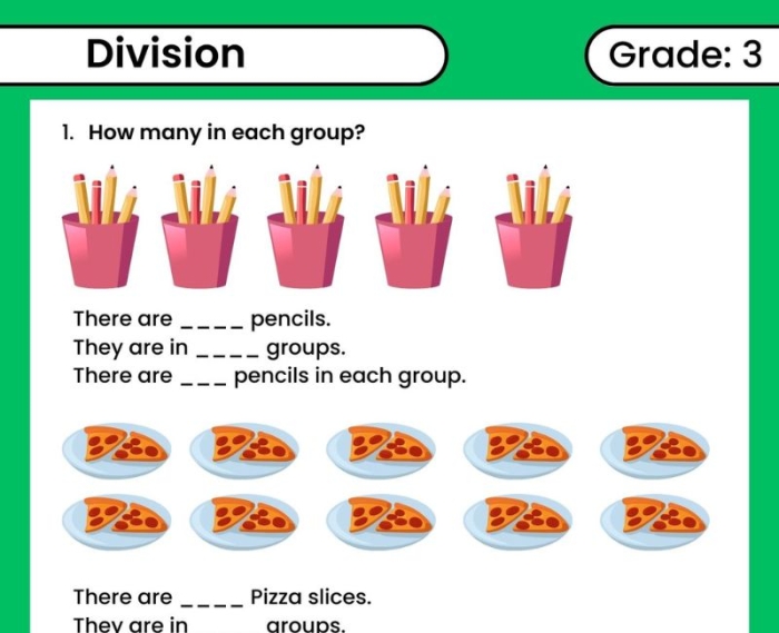 Third grade division word problems where characters share items equally among friends to practice fair sharing
