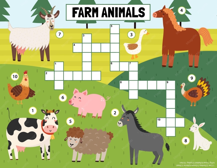 Kindergarten worksheet featuring a farm animal picture crossword puzzle for identifying animals