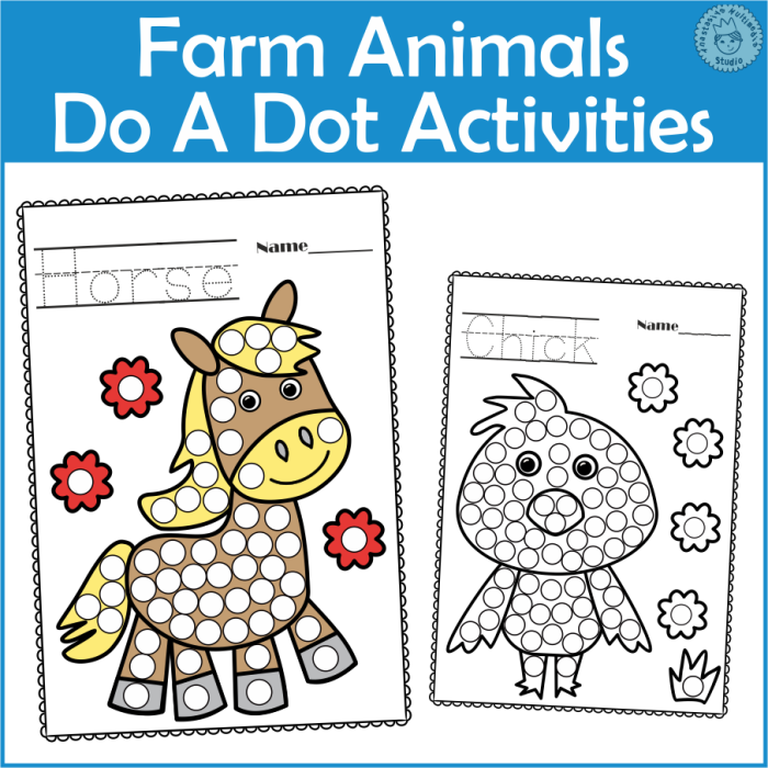 Picture crossword puzzle worksheet featuring farm animals with visual clues for kindergarten learners to identify and complete