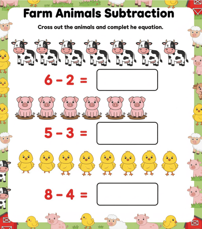 Kindergarten subtraction worksheet showing farm animals with math problems to find how many are left
