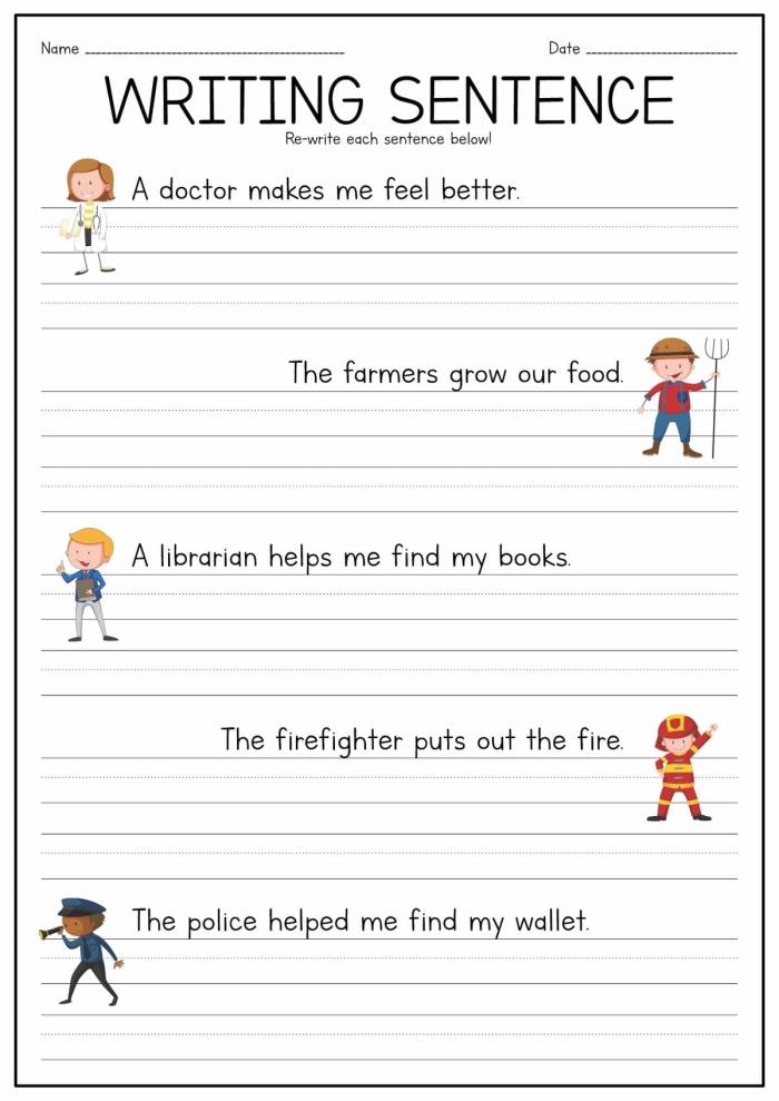 First grade writing worksheet showing a birthday food sentence writing activity with illustration prompts