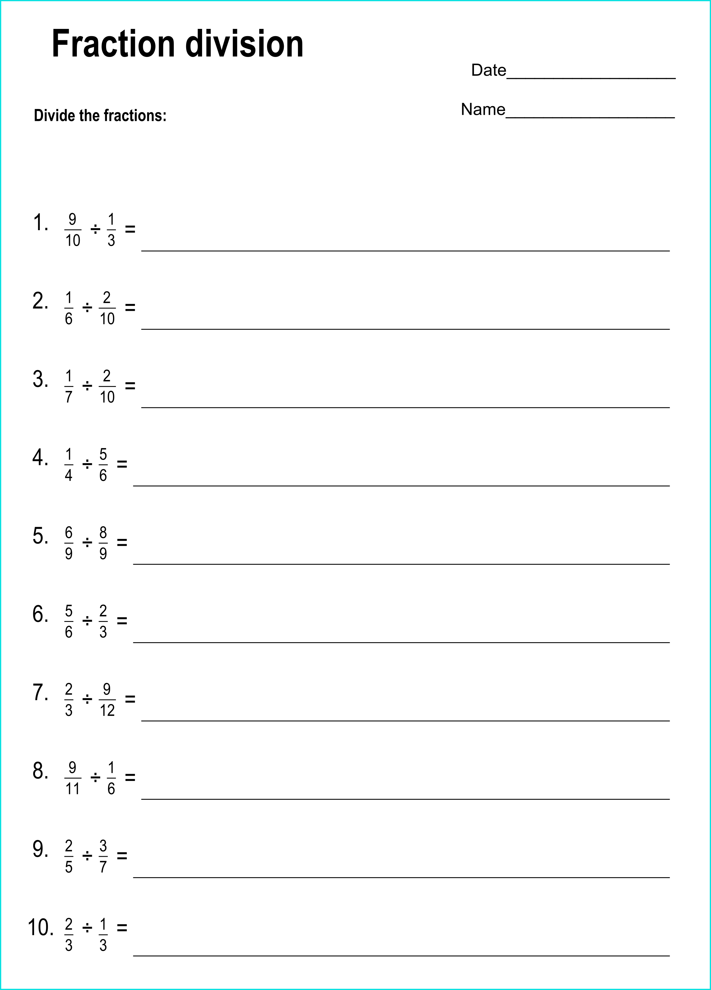 Sixth grade student solving dividing fractions by fractions problems on a practice worksheet with rhyming examples