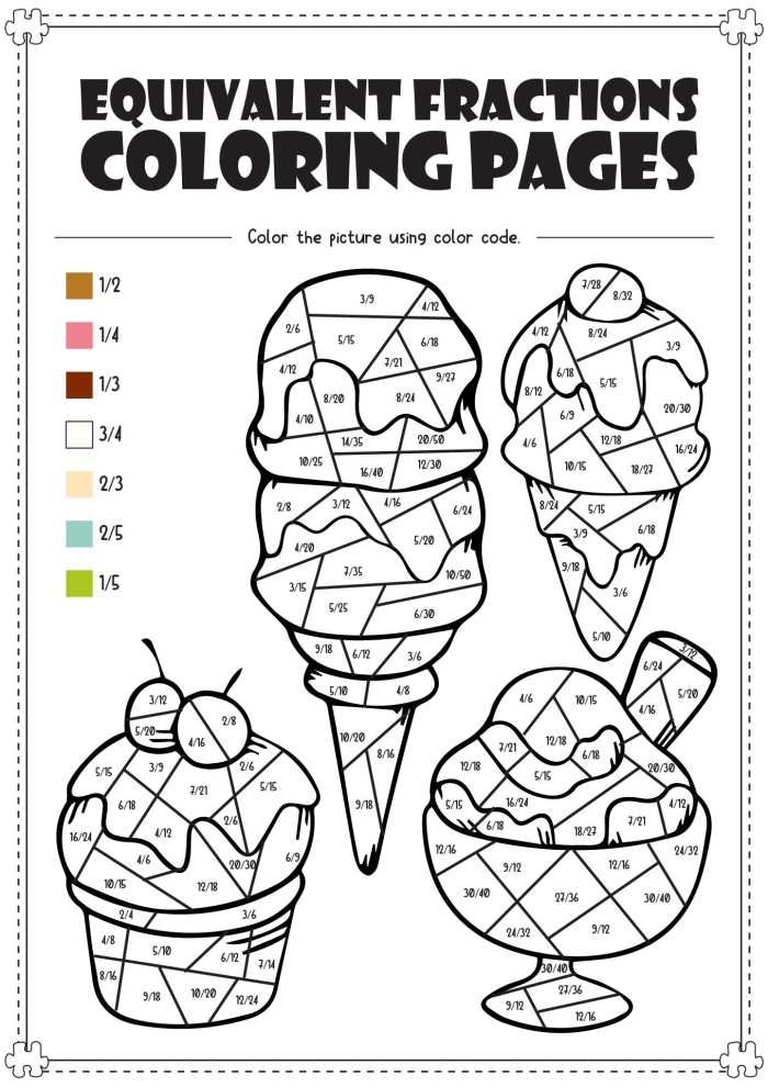 First grade math worksheet showing colorful shapes divided into four equal parts with one section highlighted for fraction 1/4 practice