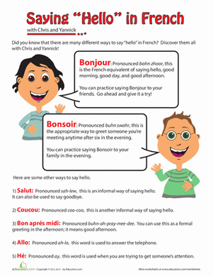 Two children learning French greetings with speech bubbles showing hello phrases