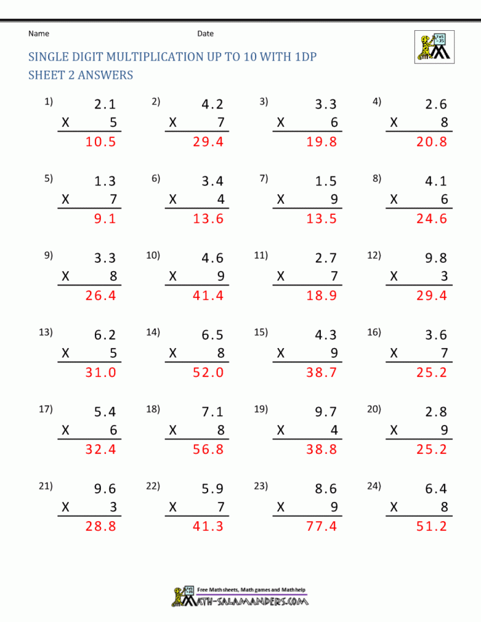Fifth grade students learning how to multiply decimal numbers with step-by-step examples and practice problems on a worksheet