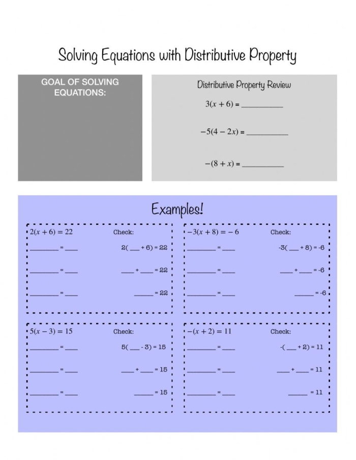 Solve Equations With the Distributive Property Worksheet 3 Eighth grade math worksheet focusing on solving algebraic equations using the distributive property of multiplication