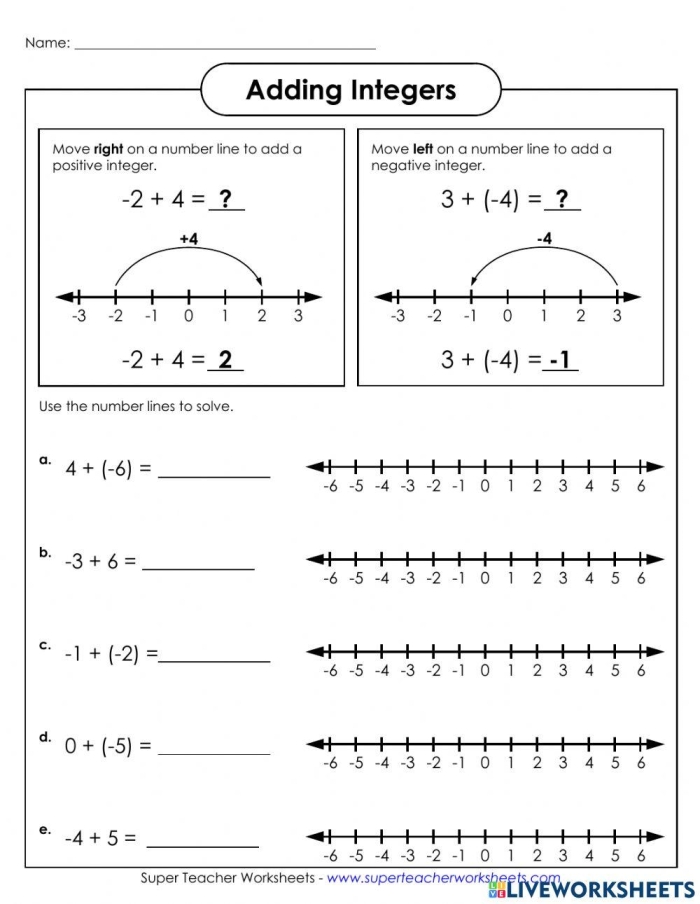 Seventh grade math worksheet featuring number line problems for subtracting positive and negative integers