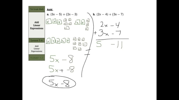 Adding Linear Expressions Practice Problems for Algebra Learners Grade 7 Seventh grade student solving linear expression addition problems using exponent properties on a practice worksheet