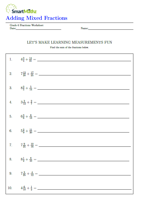 Colorful fifth grade math worksheet for practicing mixed fraction addition problems