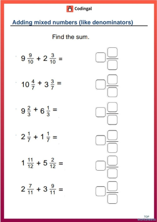 Colorful fifth grade math worksheet featuring step by step instructions for adding mixed fractions