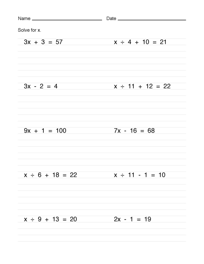 Solving One- and Two-Step Equations Worksheet Number 7 for Geometry Students Fifth grade worksheet featuring problems for solving one- and two-step algebraic equations