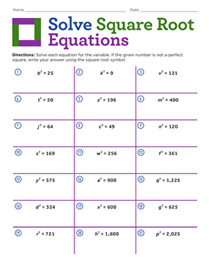 Eighth grade math worksheet focusing on solving equations involving variables squared