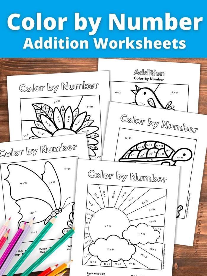 Addition Color by Number Ocean Theme Worksheet 18 First grade student solving an underwater addition color by number math worksheet