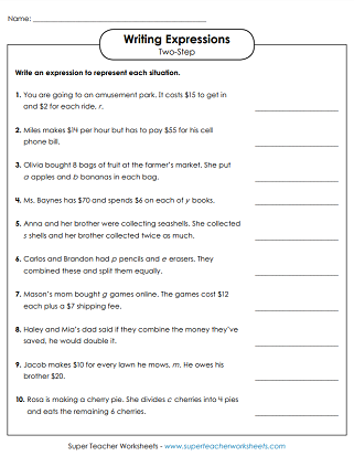 A sixth grade math worksheet where students convert word problems into single-operation variable expressions