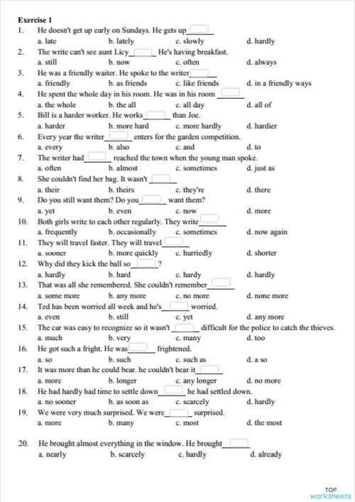 Second grade grammar worksheet with 10 sentences asking students to circle the adverbs quickly