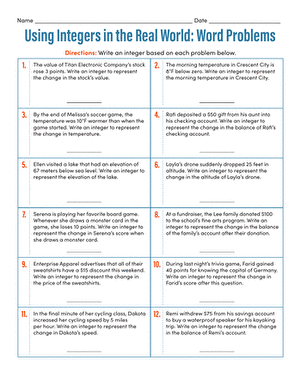 Seventh grade math worksheet featuring real-world word problems for adding and subtracting integers