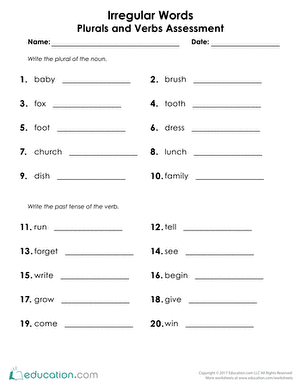 Second grade grammar worksheet featuring practice exercises for irregular plural nouns and verb forms