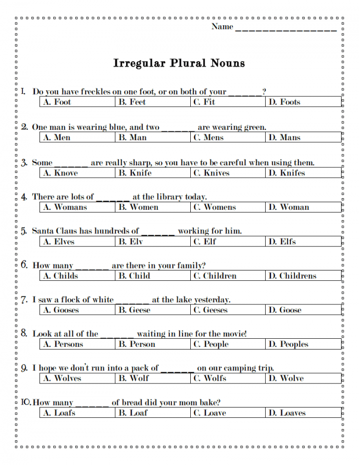 Second grade grammar worksheet featuring practice exercises for irregular plural nouns and verb forms