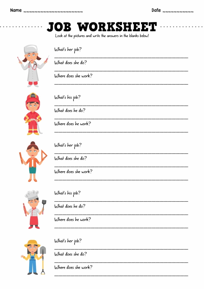 Different Types of Jobs Worksheet for First Grade Data and Graphing First grade students practice data collection by drawing and labeling three different types of jobs on this worksheet